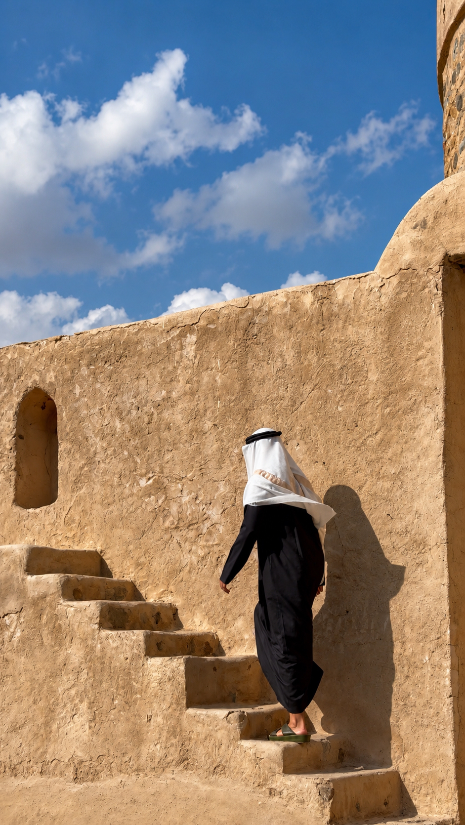 Person wearing traditional Gulf clothing walking up heritage stairs